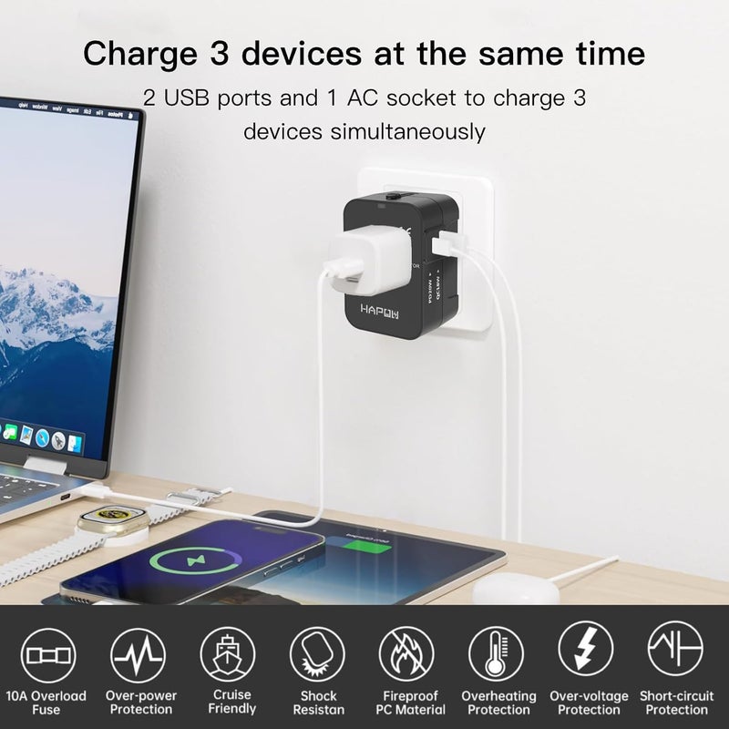 HAPOW Universal Travel Adapter - 1 USB-C & 1 USB-A Fast Charging Travel Charger, Worldwide Plug Adapter for EU UK USA AU, Black - Image 2